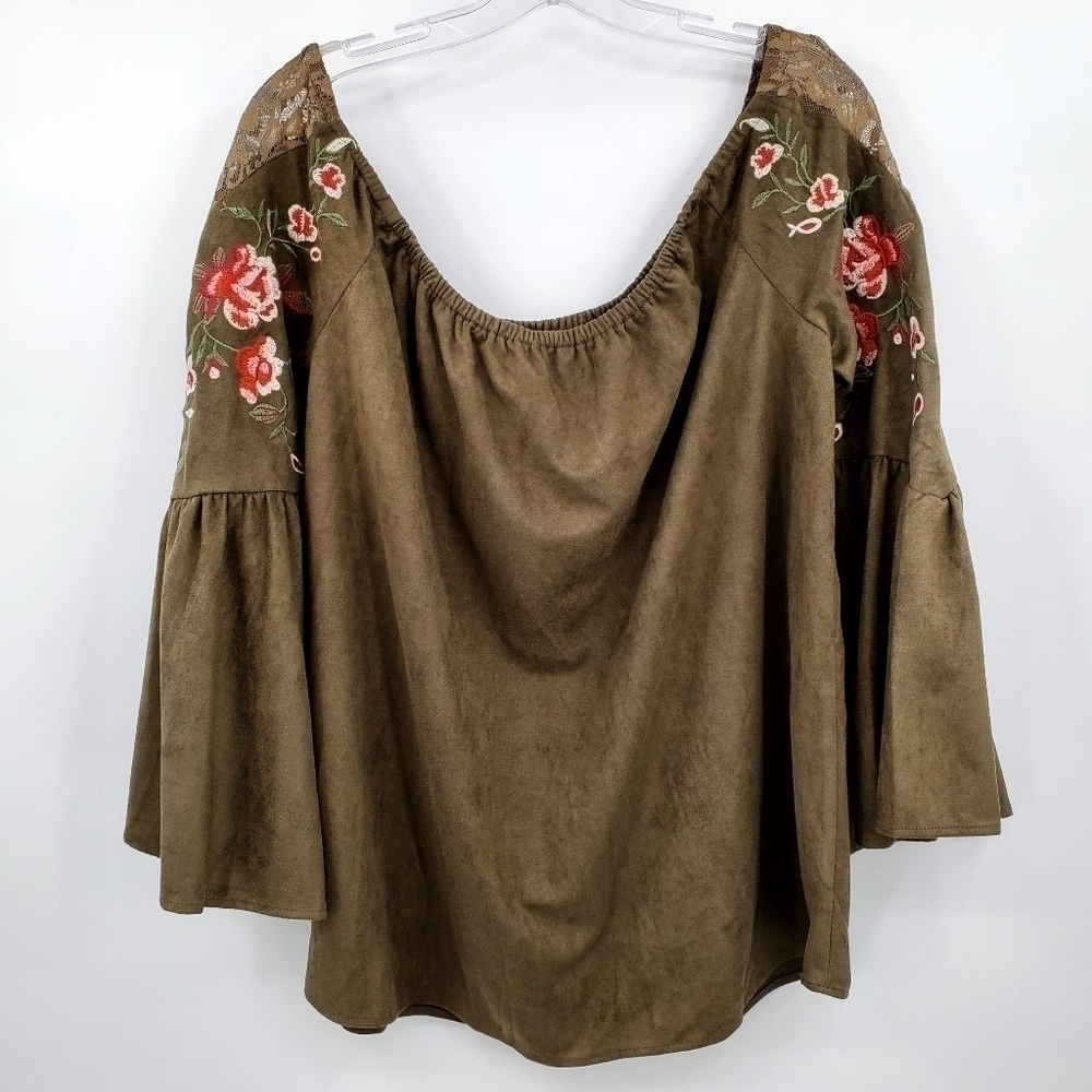 Umgee Olive Green Floral Embroidered Bell Sleeve Oversized Top - Picture 4 of 9